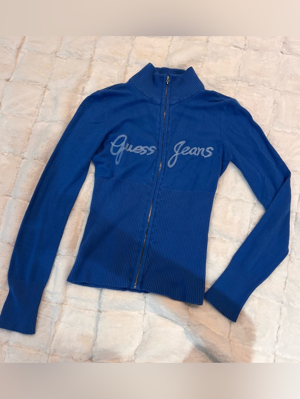 Y2K Guess Jeans Embroidered Blue Ribbed Collar Zip-Up Sweater